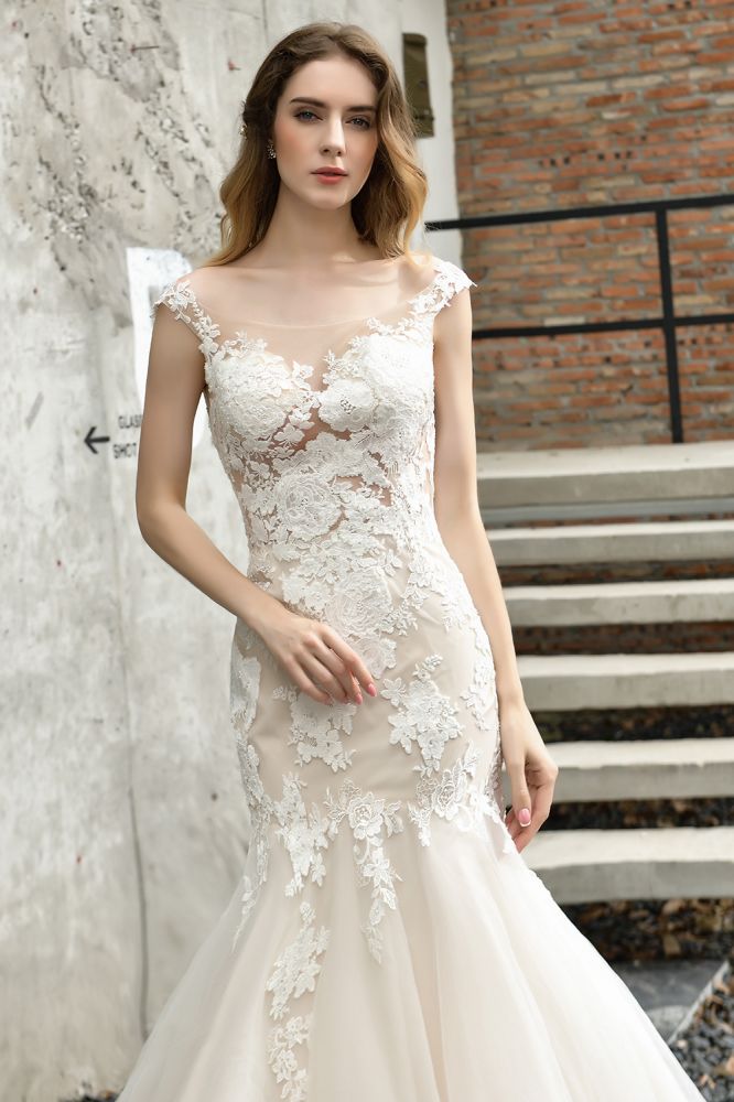MISSHOW offers Cap Sleeves Lace Mermaid Wedding Dress White/Ivory Floral Garden Bridal Gown at a good price from Ivory,Tulle to Mermaid Floor-length them. Stunning yet affordable Sleeveless .
