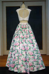 MISSHOW offers Cap Sleeves Lace Top A-line Two-piece Printed Flowers Prom Dresses at a cheap price from White, Lace to A-line,Two Pieces Floor-length hem. Stunning yet affordable Short Sleeves Realdressphotos.