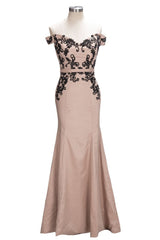 Looking for Prom Dresses,Bridesmaid Dresses in Stretch Satin, Mermaid style, and Gorgeous Lace,Appliques work  MISSHOW has all covered on this elegant Cap Sleeves Mermaid Long Off-shoulder Applique Prom Dresses.