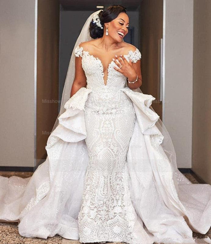 Cap Sleeves Mermaid Long Wedding Dress with Ruffles Overskirt –