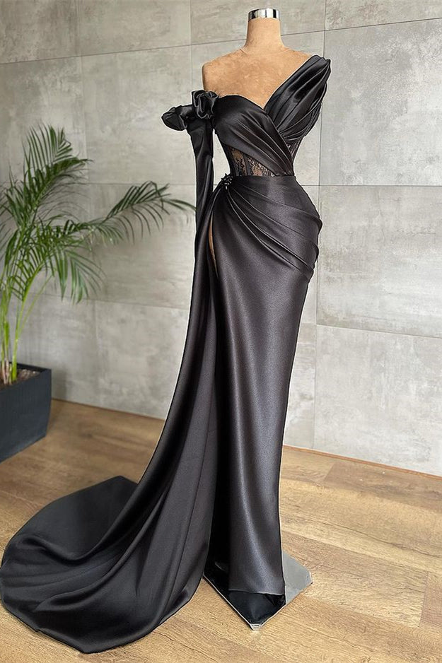 Black One Shoulder Long Sleeve Lace Pleated Long Formal Dress With Side Split