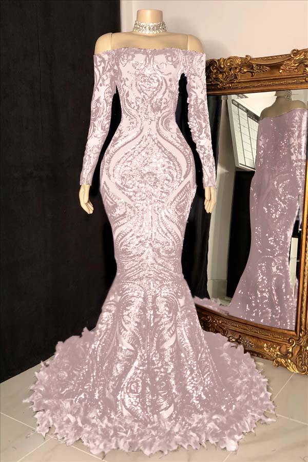 Long Sleeves Strapless Mermaid Formal Dress Sequins Burgundy With Feather