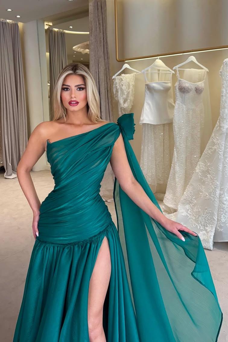 One Shoulder Sleeveless Long Split Formal Dress With Pleated