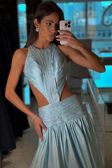 Jewel Neck Backless Sleeveless A Line Long Formal Dress With Pleated