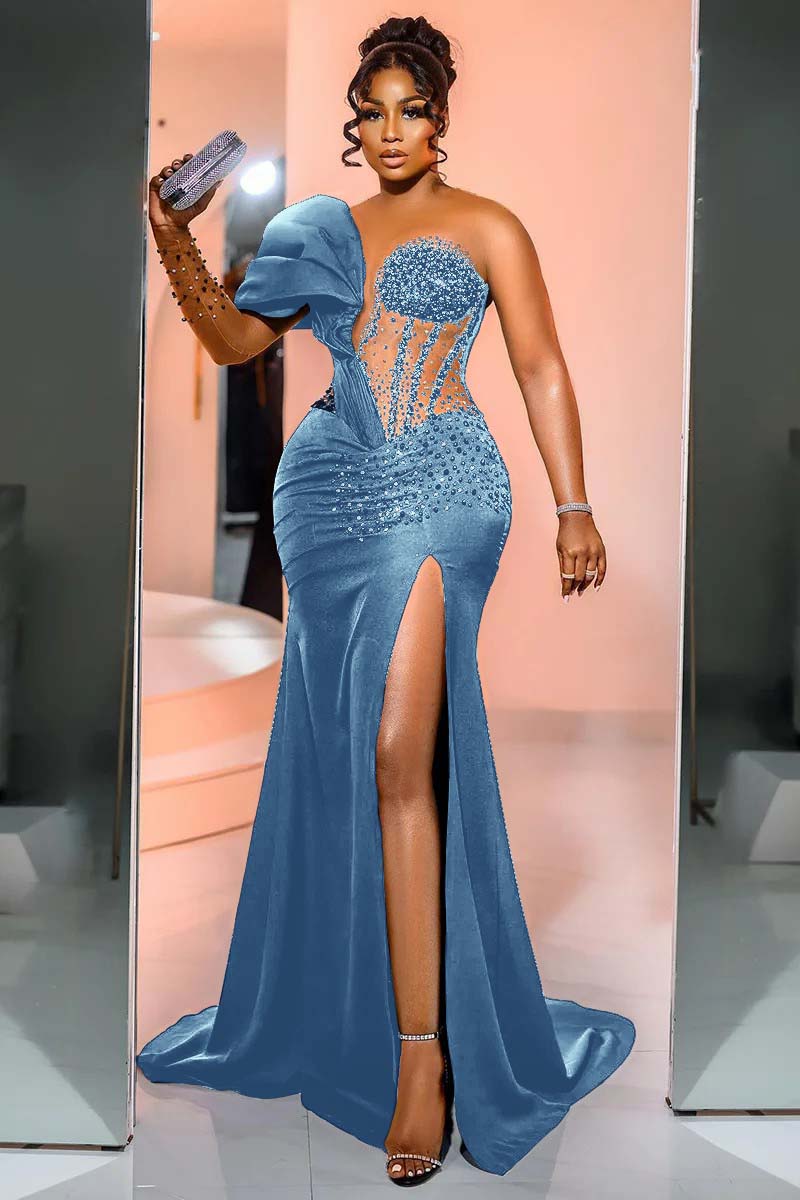 One Shoulder Long Sleeve Long Mermaid Formal Dress With Beading