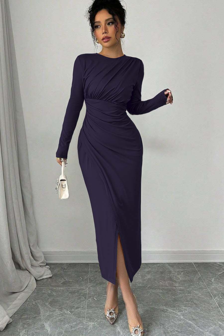 Long Sleeves Jewel Neck Tea Length Formal Dress With Split Pleated