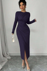 Long Sleeves Jewel Neck Tea Length Formal Dress With Split Pleated