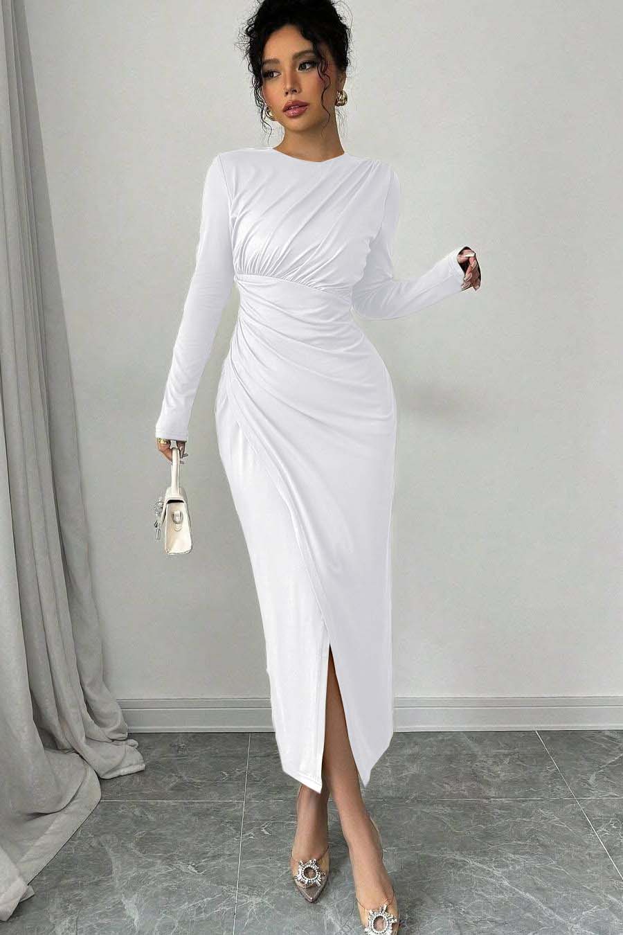 Long Sleeves Jewel Neck Tea Length Formal Dress With Split Pleated