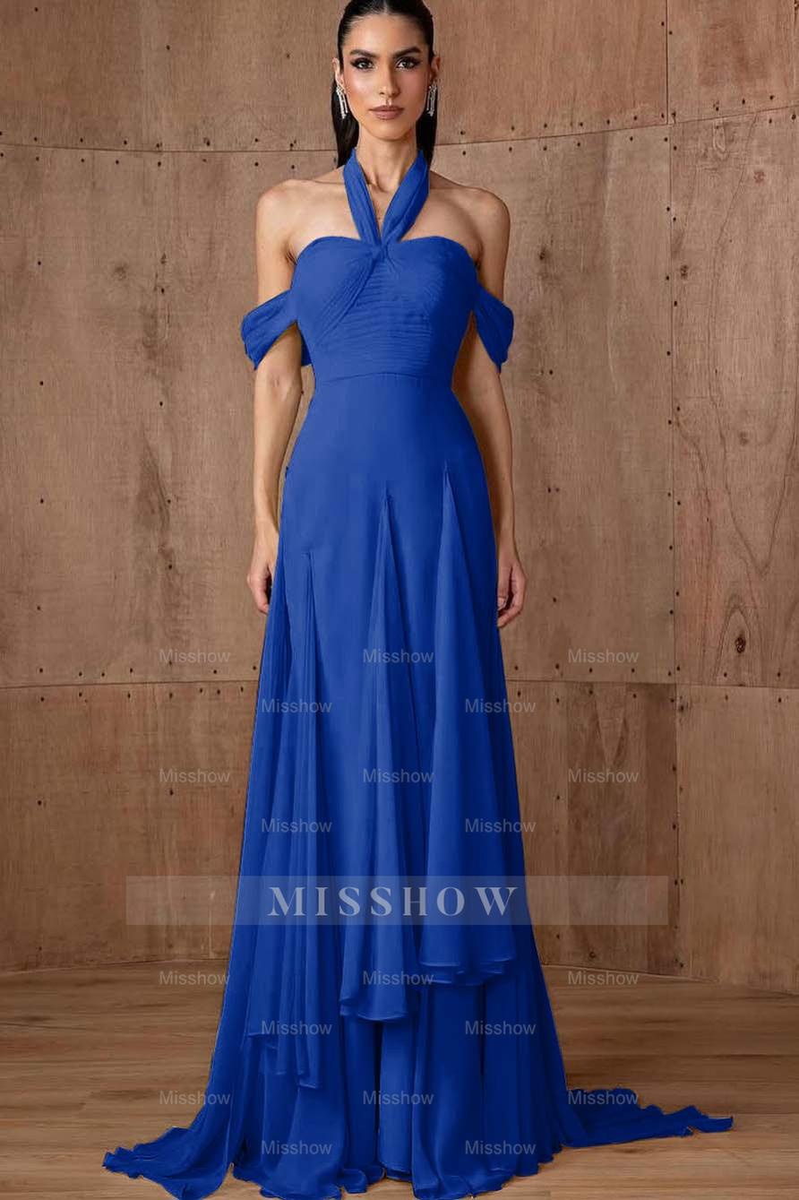 Halter Off the Shoulder Sleeveless Long Formal Dress With Ruffles