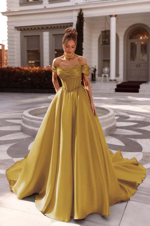 Off the Shoulder Sleeveless Long Formal Dress With Pleated Beading