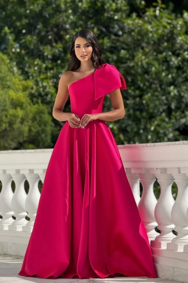 One Shoulder Sleeveless Long Formal Dress With Pleated Bowknot