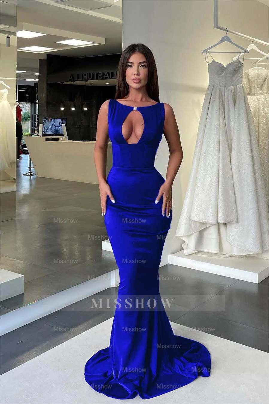 Jewel Neck Sleeveless High Waist Mermaid Formal Dress With Pleated