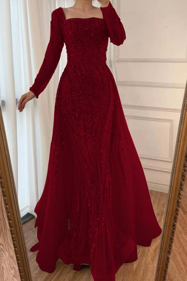 Square Neck Long Sleeves Long Mermaid Formal Dress With Beading Tulle