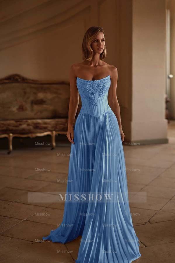 Strapless Sleeveless Long Formal Dress With Appliques Pleated