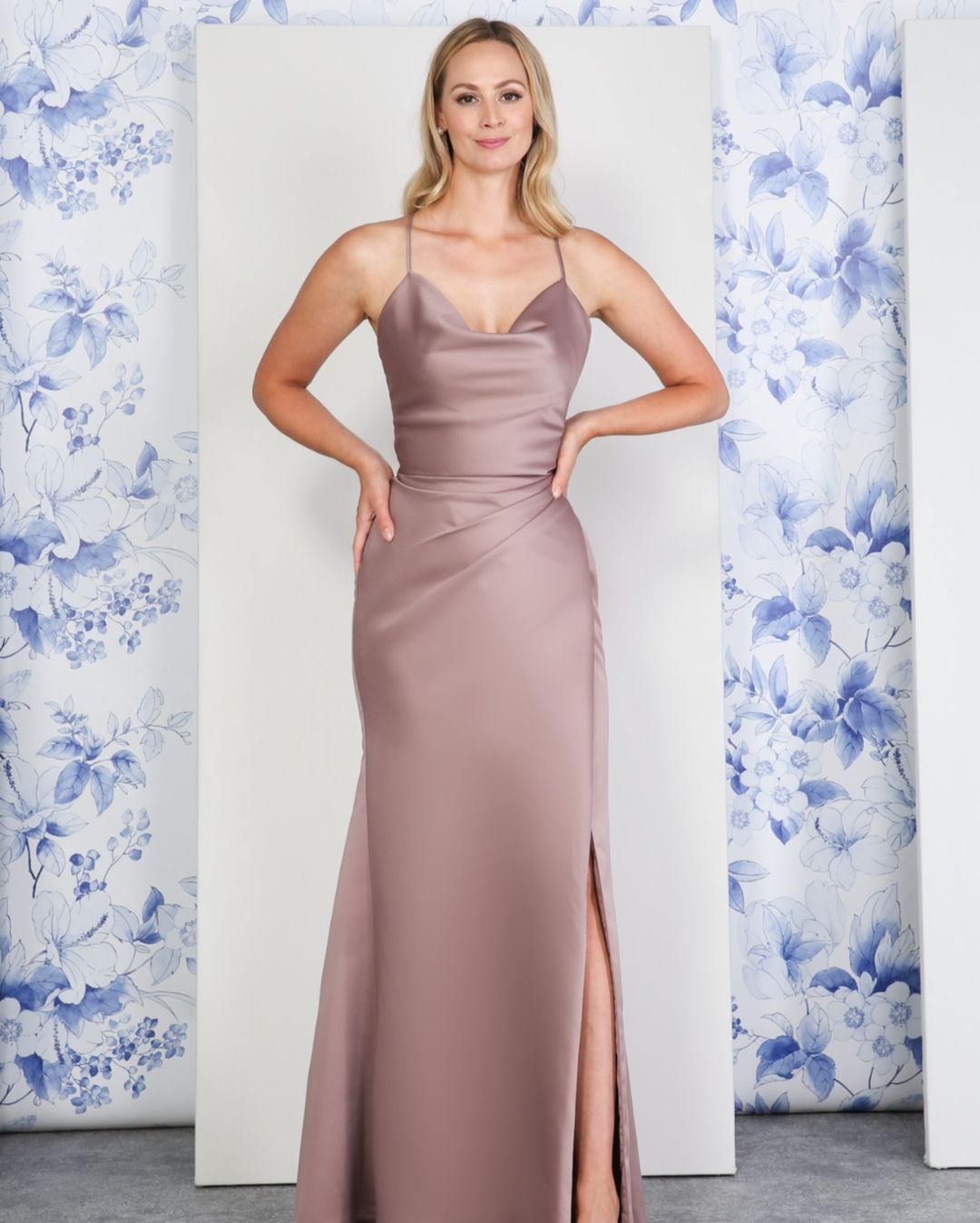 Satin Lace-up Back With High Split Sleeveless Spaghetti Strap Formal Dress