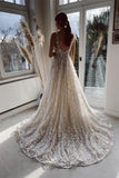 Champagne A-line Floor Length Straps V-neck Wedding Dress-misshow.com