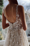 Champagne A-line Floor Length Straps V-neck Wedding Dress-misshow.com