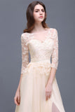 Champagne Scoop A-line Lace Appliques Prom Dress