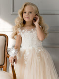 Champagne Shinning Sleeveless Ball Gown Flower Girls Dress With Lace-misshow.com
