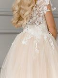 Champagne Shinning Sleeveless Ball Gown Flower Girls Dress With Lace-misshow.com
