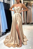 Champagne Simple Long Satin Sleeveless Evening Dresses With Slit-misshow.com