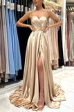 Champagne Simple Long Satin Sleeveless Evening Dresses With Slit