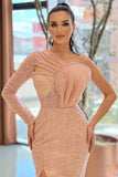 Champagne Simple One-shoulder Long-Sleeve Mermaid Sequined Floor-Length Prom Dresses-misshow.com