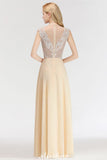 Looking for Bridesmaid Dresses in 100D Chiffon, A-line style, and Gorgeous Beading work  MISSHOW has all covered on this elegant Champagne Sleeveless A-Line Crystal Jewel Bridesmaid Dresses Floor Length Party Dress.