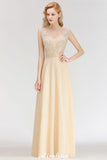 Looking for Bridesmaid Dresses in 100D Chiffon, A-line style, and Gorgeous Beading work  MISSHOW has all covered on this elegant Champagne Sleeveless A-Line Crystal Jewel Bridesmaid Dresses Floor Length Party Dress.