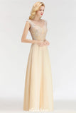 Looking for Bridesmaid Dresses in 100D Chiffon, A-line style, and Gorgeous Beading work  MISSHOW has all covered on this elegant Champagne Sleeveless A-Line Crystal Jewel Bridesmaid Dresses Floor Length Party Dress.