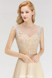 Looking for Bridesmaid Dresses in 100D Chiffon, A-line style, and Gorgeous Beading work  MISSHOW has all covered on this elegant Champagne Sleeveless A-Line Crystal Jewel Bridesmaid Dresses Floor Length Party Dress.
