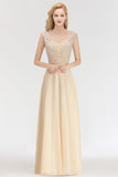 Looking for Bridesmaid Dresses in 100D Chiffon, A-line style, and Gorgeous Beading work  MISSHOW has all covered on this elegant Champagne Sleeveless A-Line Crystal Jewel Bridesmaid Dresses Floor Length Party Dress.