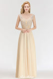 Looking for Bridesmaid Dresses in 100D Chiffon, A-line style, and Gorgeous Beading work  MISSHOW has all covered on this elegant Champagne Sleeveless A-Line Crystal Jewel Bridesmaid Dresses Floor Length Party Dress.