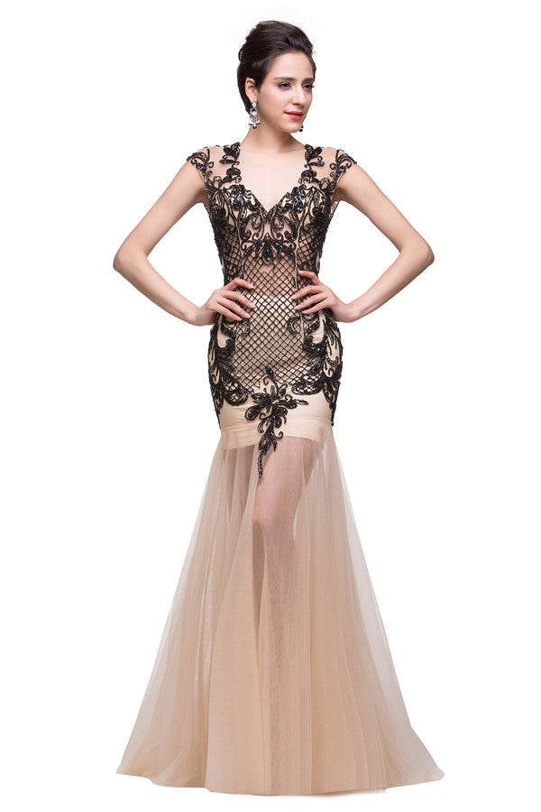 MISSHOW offers gorgeous Champagne V-neck party dresses with delicately handmade Beading,Appliques,Sequined in size 0-26W. Shop Floor-length prom dresses at affordable prices.
