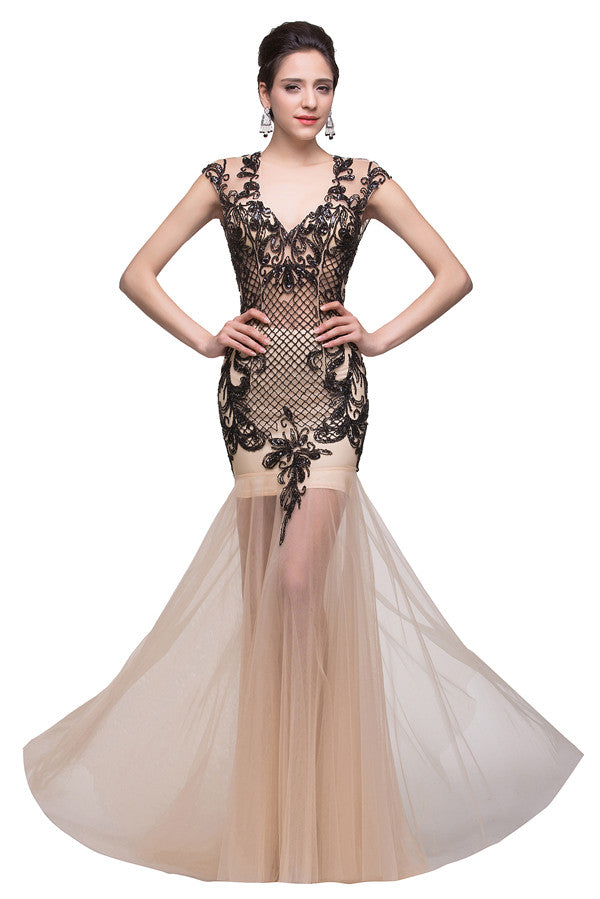 MISSHOW offers gorgeous Champagne V-neck party dresses with delicately handmade Beading,Appliques,Sequined in size 0-26W. Shop Floor-length prom dresses at affordable prices.