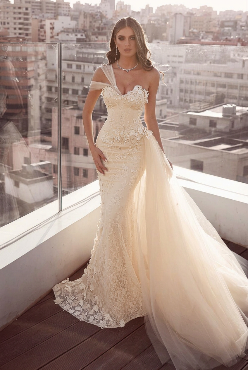 Champagne sweetheart pearl mermaid wedding dress