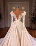 Charming A-Line Cathedral V-neck Long Wedding Dress With Long Sleeves-misshow.com