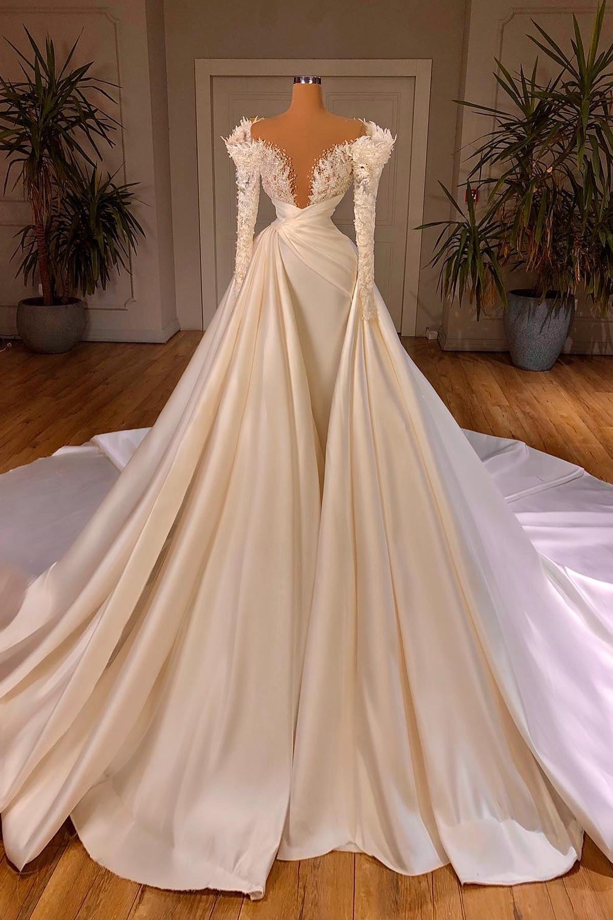 Charming A-Line Cathedral V-neck Long Wedding Dress With Long Sleeves-misshow.com