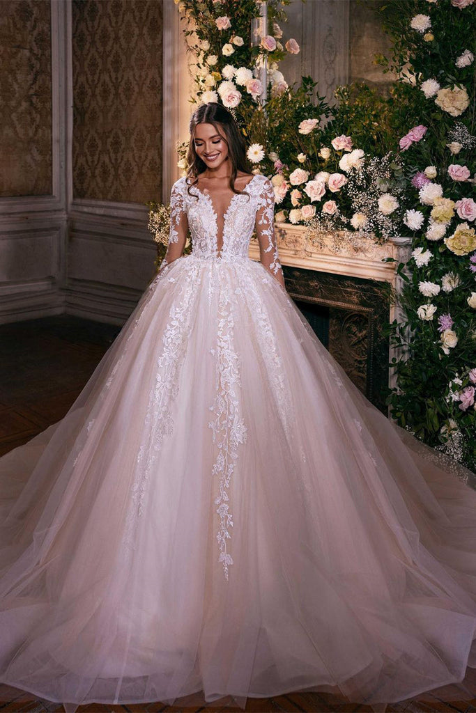Gorgeous A-Line Deep V-neck Long Sleeve Train Wedding Dress With Appliques Lace