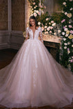 Charming A-line Long Sleeves V-neck Lace Wedding Dress With Train-misshow.com
