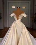 Charming A-Line Off-the-shoulder Cathedral V-neck Long Wedding Dress-misshow.com