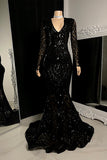 Charming Black V-neck Mermaid Prom Dress With Long Sleeves-misshow.com