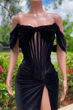 Charming Black Velvet Off-The-Shoulder Mermaid Sleeveless Prom Dress With Slit-misshow.com