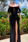 Charming Black Velvet Off-The-Shoulder Mermaid Sleeveless Prom Dress With Slit-misshow.com