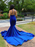 Charming Blue Spaghetti Straps V-neck Transparent lace Column Mermaid Prom Dresses-misshow.com