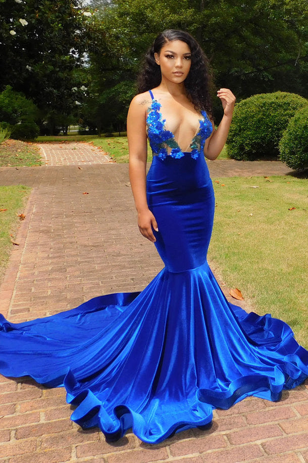Charming Blue Spaghetti Straps V-neck Transparent lace Column Mermaid Prom Dresses-misshow.com