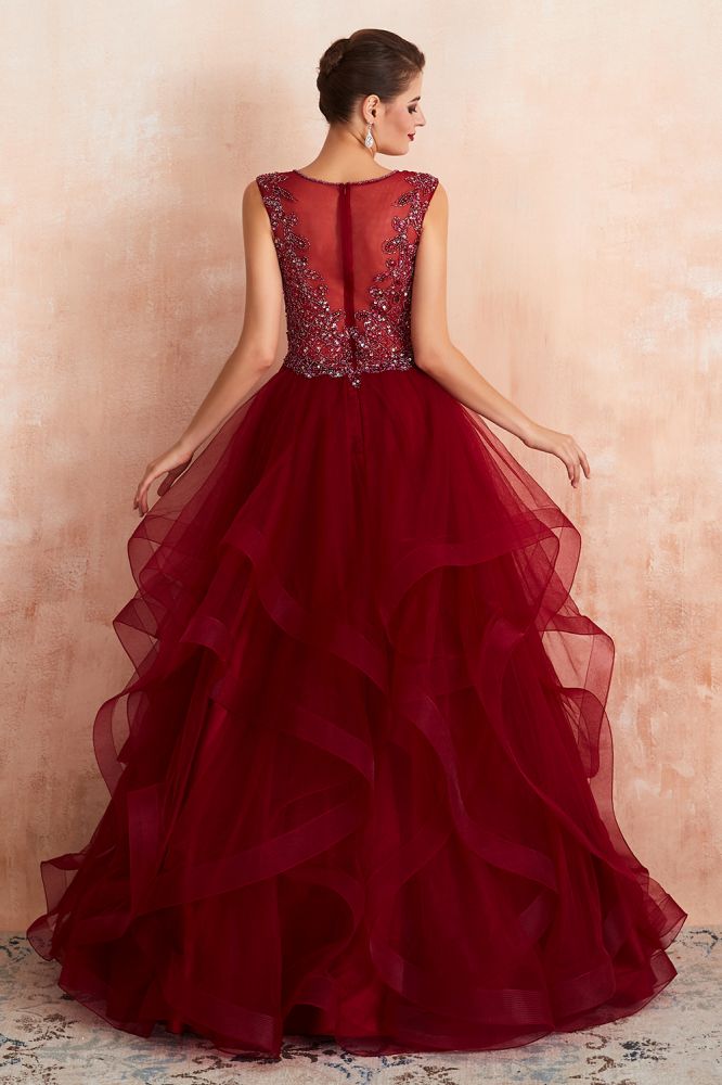 Looking for Prom Dresses,Evening Dresses,Homecoming Dresses,Quinceanera dresses in Tulle, A-line,Ball Gown,Princess style, and Gorgeous Beading,Sequined,Rhinestone work  MISSHOW has all covered on this elegant Charming Burgundy Sleeveless Party Dress Aline Puffy Tulle Evenign Dress with Sequins.