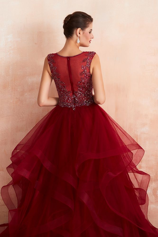 Looking for Prom Dresses,Evening Dresses,Homecoming Dresses,Quinceanera dresses in Tulle, A-line,Ball Gown,Princess style, and Gorgeous Beading,Sequined,Rhinestone work  MISSHOW has all covered on this elegant Charming Burgundy Sleeveless Party Dress Aline Puffy Tulle Evenign Dress with Sequins.