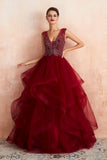 Charming Burgundy Sleeveless Party Dress Aline Puffy Tulle Evenign Dress with Sequins