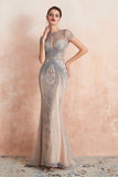Charming Cap Sleeve Beading Mermaid Prom Dress Crew Neck Evening Party Gown
